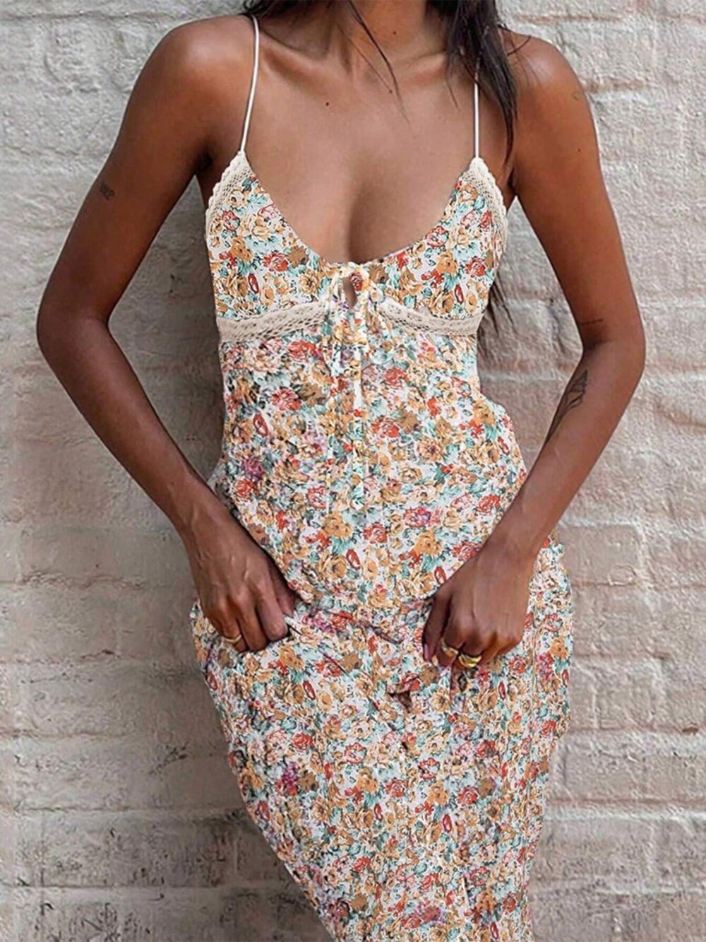 SHEIN Vintage Style Floral Print Lace Patchwork Spaghetti Strap Dress LARGE